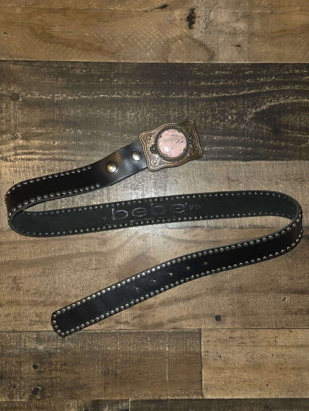 Vintage Y2K Genuine Leather Studded BEBE Belt Western Pink Rhodonite Buckle M/L